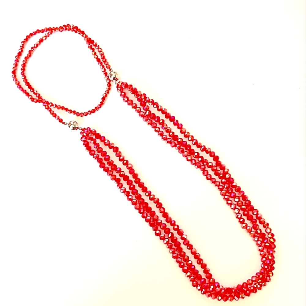 NEW! Red Faceted Glass Beaded,Multi-Strand Detachable Necklace w/Magnetic Clasp